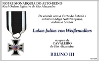Diploma de concessão da Ordem de São Alexandre à Von Weissenadlers