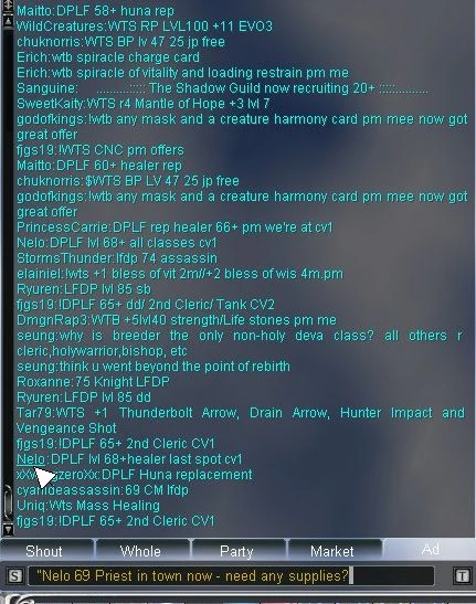 Use the Ad ($) chat channel to find or assemble a party.