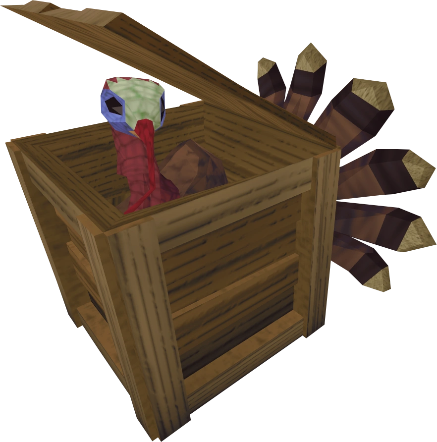 A turkey in a crate.