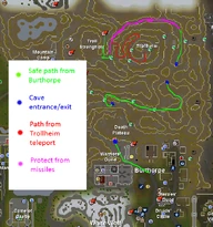 The safest route from Burthorpe to the Troll Stronghold
