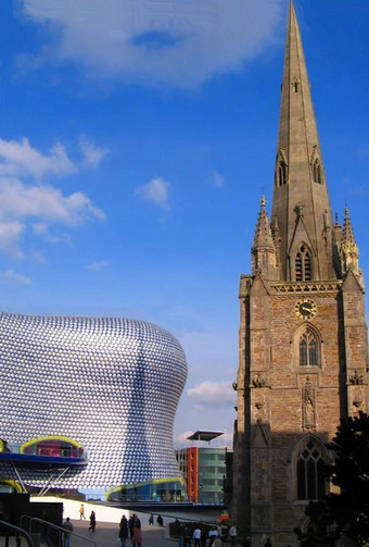 St Martin's Church (foreground) and the Selfridges Bullring building in the background, in central Birmingham.  Photo credit: G-Man