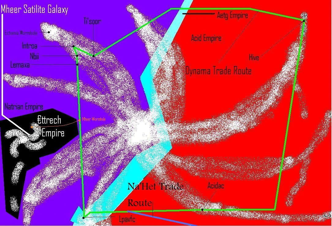 A map of the Natra galaxy, showing the empires' size, and distribution.