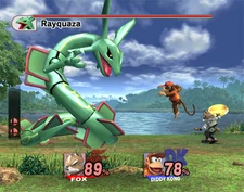 Diddy Kong and Fox fighting Rayquaza.