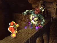 Ganondorf transforms to Ganon, and is preparing to charge.