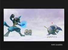 Lucario and Meta Knight preparing to fight, with the Ice Climbers in the background.