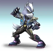Wolf as he appears in Brawl. His apperance is a mix between his appearances in Star Fox Assault and Command.