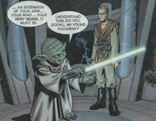Yoda opettaa nuorta Dookua.
