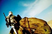 A sandtrooper astride a dewback mount on Tatooine.