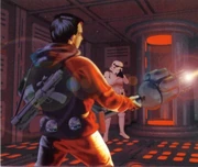 Topps card featuring Kyle Katarn, addressing the issue of carrying many weapons simultaneously.