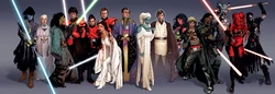 Legacy characters L-R: Astraal Vao, Luke Skywalker's Force Ghost, Deliah Blue, Cade Skywalker, Jariah Syn, Darth Krayt, Darth Talon & Darth Nihl.