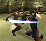 Desann and Kyle Katarn engaged in battle in Yavin 4 underground.