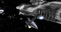 A Republic orbital shuttle carrying the Jedi Exile with her companions and Mandalore Canderous Ordo with his soldiers about to board the Ravager.