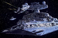The Millennium Falcon is pursued by Imperial Star Destroyers.