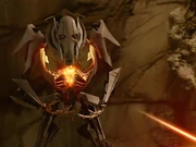 Grievous's internal organs erupt in flames after being shot by Kenobi.