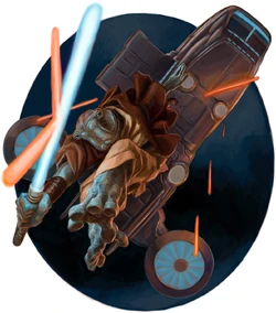 An Ithorian Revanchist Jedi leaps into action against the Mandalorian threat
