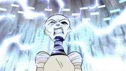 Asajj Ventress being attacked by Dooku with Force lightning.
