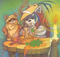 Wicket observes as Logray creates a healing powder from fuzzynettle plants.