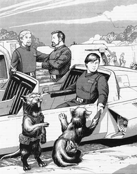 An Imperial agent interacts with a pair of Tynnans