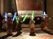 Younglings learning Shii-Cho under Yoda's tutelage.