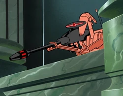 A Battle droid assassin taking aim with an E-5s.