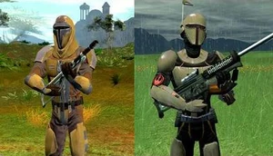 Imperial (left) and Rebel (right) versions of the Crusader MK III armor. Note that the color of the armor was the choice of the wearer, the color could vary.