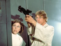 Luke Skywalker and Leia Organa battle Stormtroopers while escaping.