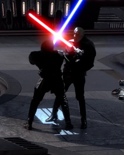 Anakin Skywalker and Count Dooku engaging in a lightsaber duel.
