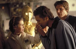 Lando attempting to charm Leia Organa.