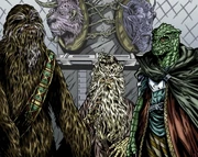 Senator Yarua with Jedi Master Oppo Rancisis and Hadocrassk during a Wookiee/Trandoshan peace talk.