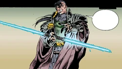 Exar Kun, displaying his new lightsaber.