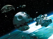 A Braha'tok-class gunship to the lower left of a CR90 corvette during the Battle of Endor.