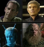 The four founding species of the Federation (clockwise from top left): Humans, Vulcans, Tellarites, and Andorians.