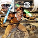 An elder Nathan wielding two lightsabers. Notice the hair color change.