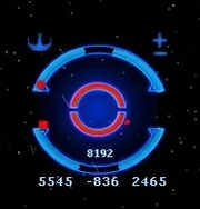 Ship radar, showing two targets below and behind, one target below and above (and firing), and a capital ship target behind.