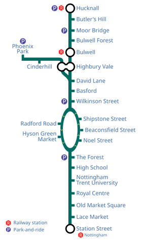 A map of the Nottingham tramway.