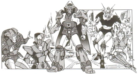 A bunch of Female Autobots from the G1 toon and Alpha Trion. His pimp cane was removed in post-production.