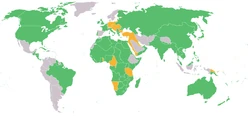 Map of the world with the Participants in World War I. The Allies are depicted in green, the Central Powers in orange and neutral countries in grey.