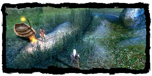 Geralt with Dandelion at the Fisher King's boat