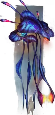 A Spore Walker's huge size is shown by the humanoid model at the feet of the picture.