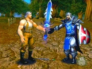 Randy, a level 2 Human Hunter (does not exist in the actual game) named Falcorn, handing his son Stan the Sword of a Thousand Truths.
