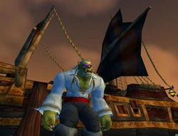 Joshmaul in the attire of a Bloodsail Buccaneer, his flagship in the background