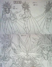 Yami Marik's design incorporates multiple layers of clothing and a wide range of expressions. Depicted here is the duelist in full regalia from front, side and rear views and alongside views of his head from different angles.
