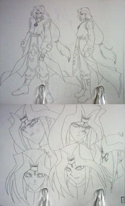 Dartz' design incorporates multiple layers of clothing and a wide range of expressions. Depicted here is the duelist in full regalia from front and side views and alongside views of his head from different angles.